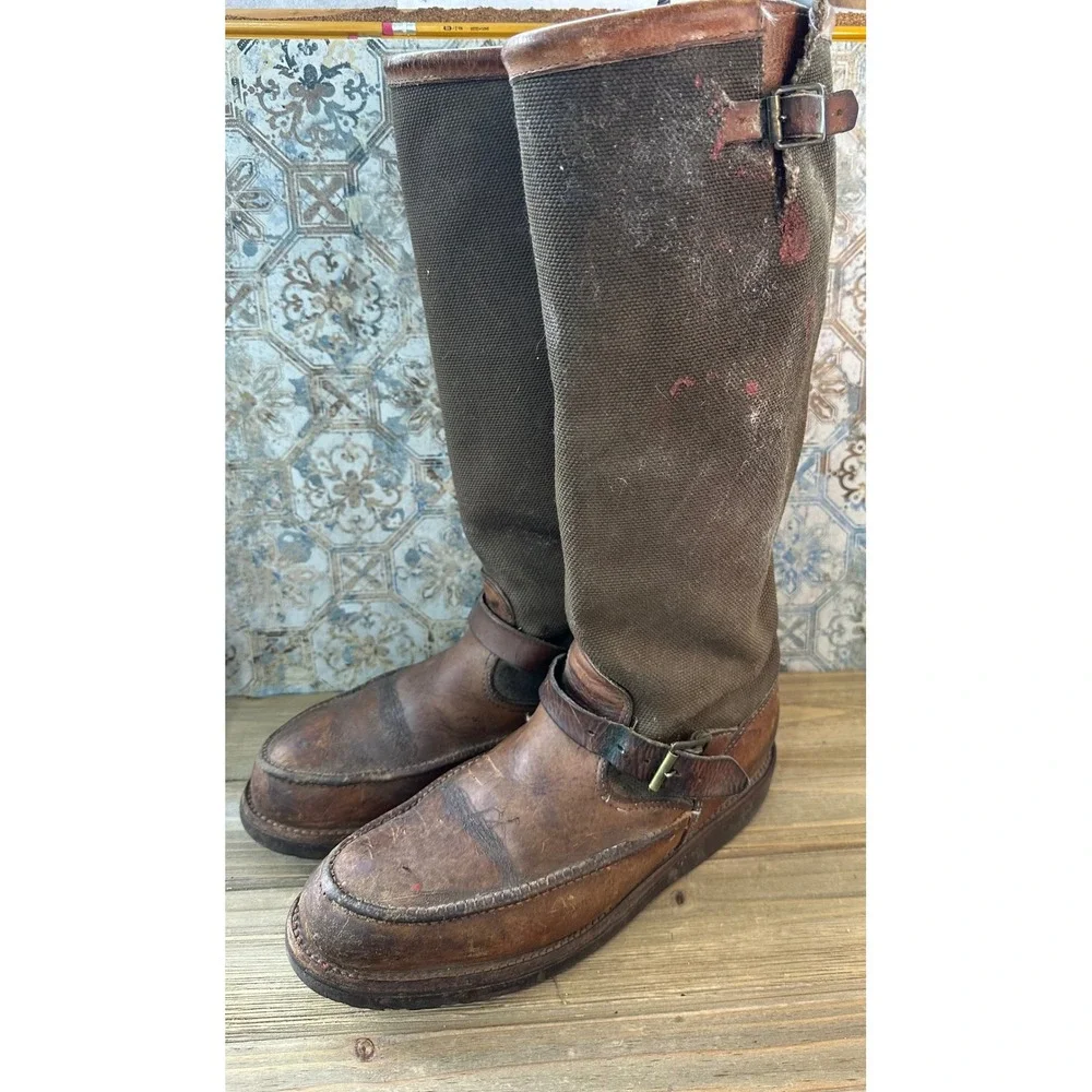 Vintage Chippewa Canvas Leather Tall Hunting Boots Work Mens 9 D Brown